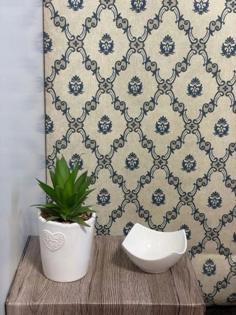 Barokk mintás bézs kék tapéta 22308