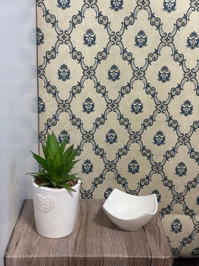 Barokk mintás bézs kék tapéta 22308