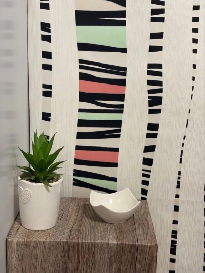 Modern geometrikus tapéta menta és korall színekkel 53820 