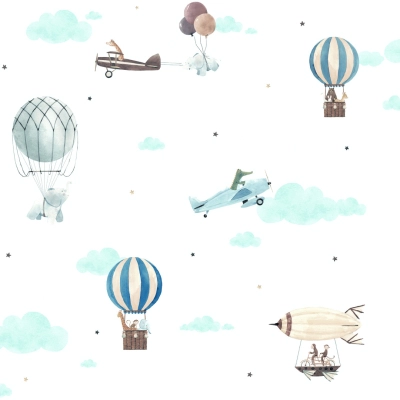 Repülőgép és hőlégballon állatkás gyerekszoba papírtapéta – Kék-barna-szürke 456-1