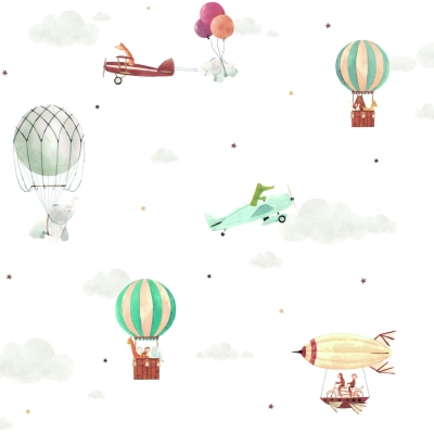 Repülőgép és hőlégballon állatkás gyerekszoba papírtapéta – Meleg barna-terrakotta 456-2